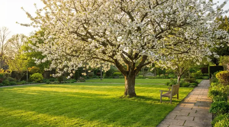 Albero fiorito in un giardino curato con panchina e vialetto al tramonto