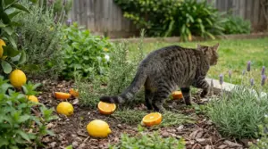 Gatto in un giardino tra piante aromatiche e agrumi sparsi sul terreno