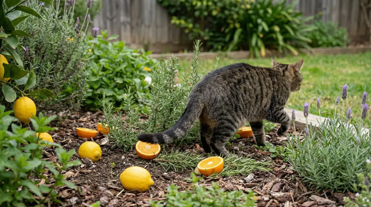 Gatto in un giardino tra piante aromatiche e agrumi sparsi sul terreno