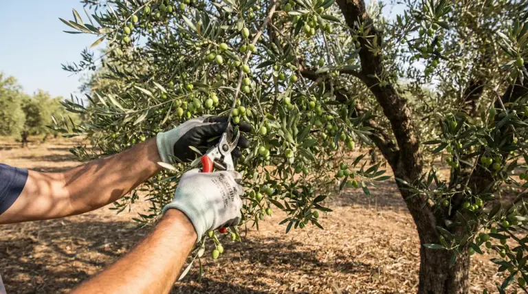 Persona con guanti che pota un ramo di ulivo carico di olive verdi
