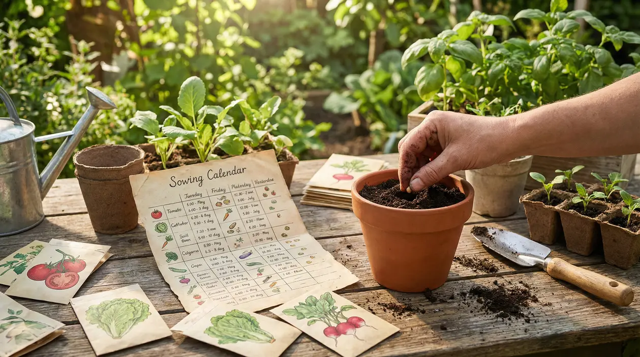 Una mano pianta un seme in un vaso su un tavolo da giardino con calendario di semina e bustine di semi