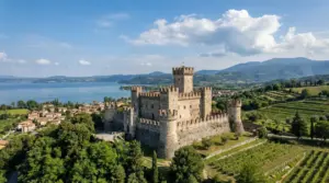 Castello medievale circondato da vigneti e colline, con vista su un lago e montagne sullo sfondo
