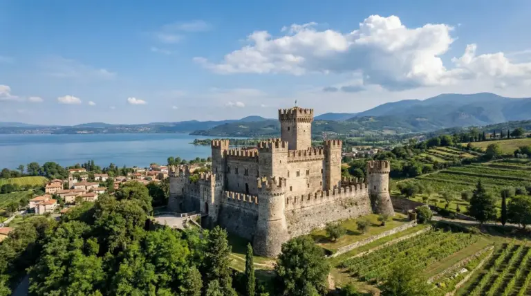 Castello medievale circondato da vigneti e colline, con vista su un lago e montagne sullo sfondo