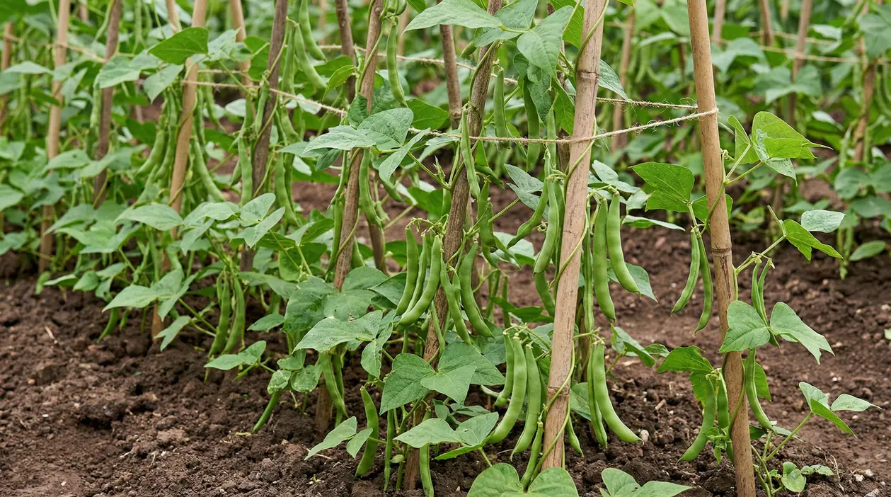 Piante di fagiolini rampicanti che crescono su supporti di bambù in un orto