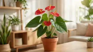 Pianta di anthurium in vaso su un tavolo in un soggiorno luminoso