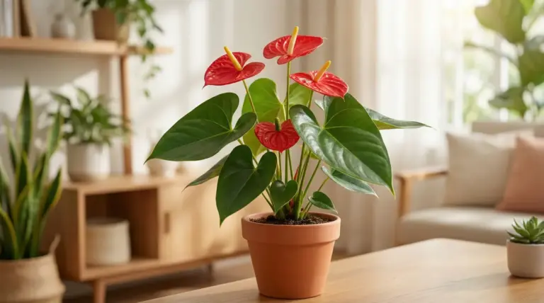 Pianta di anthurium in vaso su un tavolo in un soggiorno luminoso