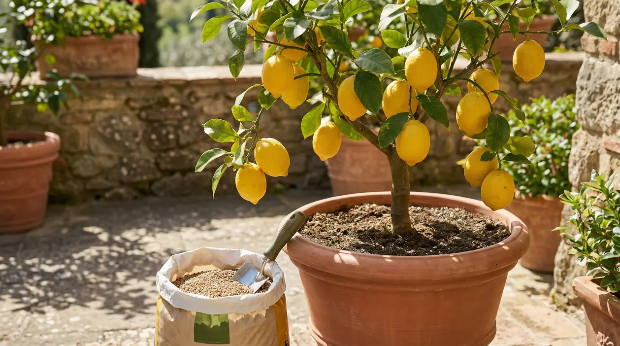 Albero di limoni in vaso con concime granulare a fianco in un giardino soleggiato