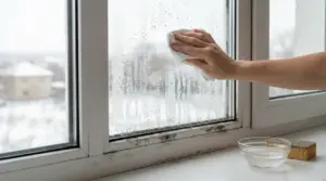 Mano che pulisce la condensa da una finestra con panno vicino a muffa sul telaio