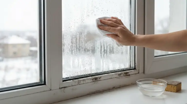 Mano che pulisce la condensa da una finestra con panno vicino a muffa sul telaio