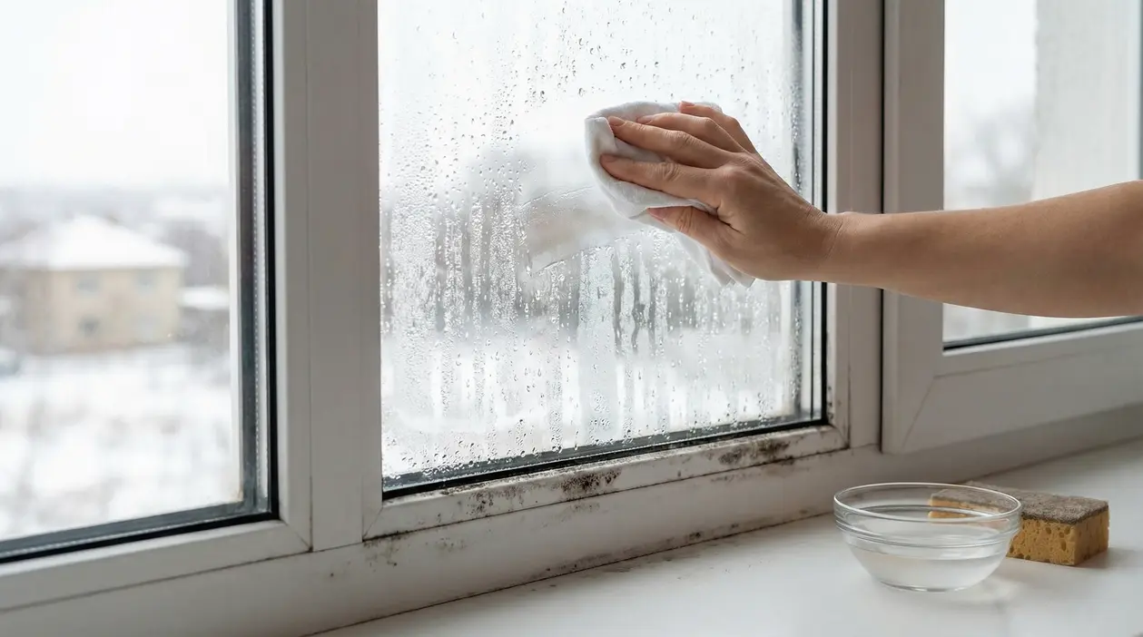 Mano che pulisce la condensa da una finestra con panno vicino a muffa sul telaio