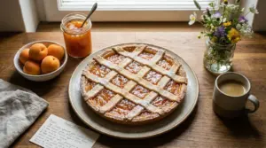 Crostata alla marmellata su un tavolo con albicocche, caffè e fiori freschi