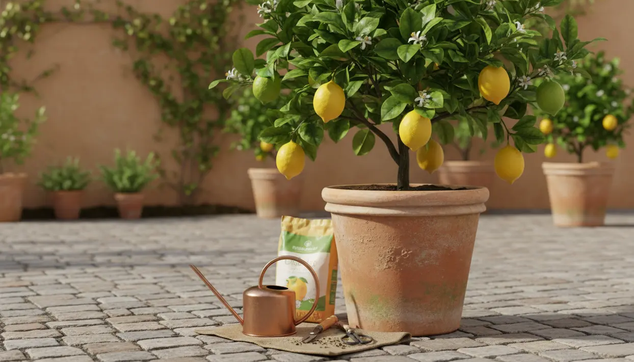 Pianta di limone in vaso di terracotta con limoni maturi e attrezzi da giardinaggio su una pavimentazione esterna.