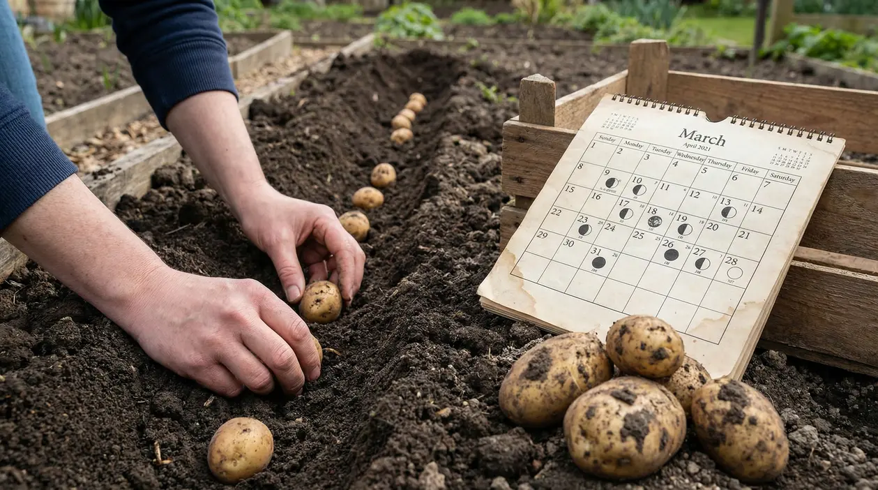 Mani che piantano patate in un orto accanto a un calendario aperto su marzo