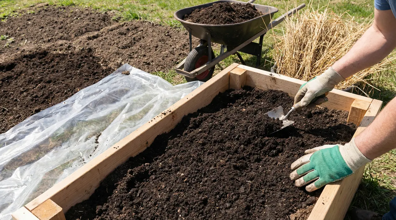 Persona che lavora il terreno in un orto rialzato con una paletta