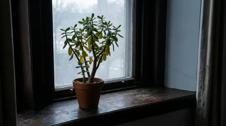 Pianta di giada in vaso su un davanzale interno con foglie parzialmente ingiallite