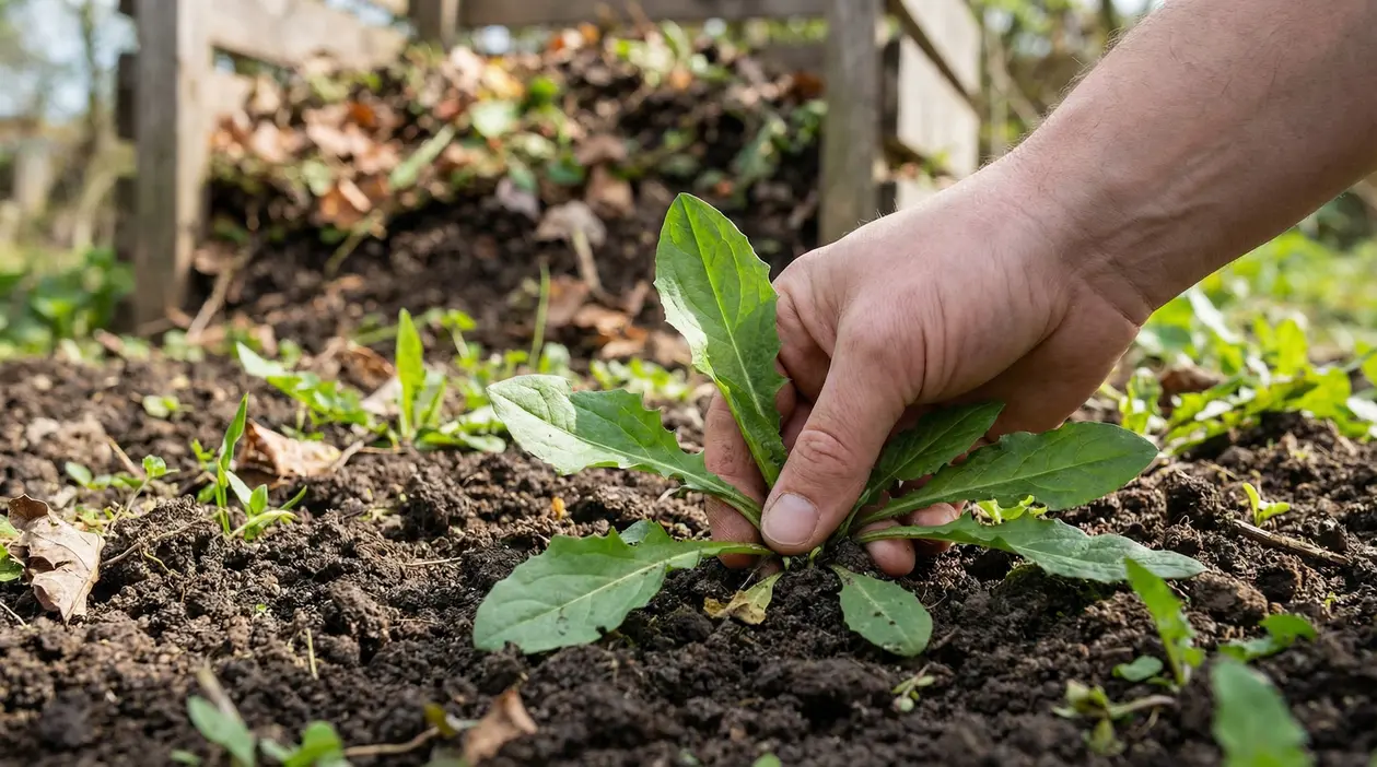 Mano che estirpa un'erba spontanea dal terreno in un orto