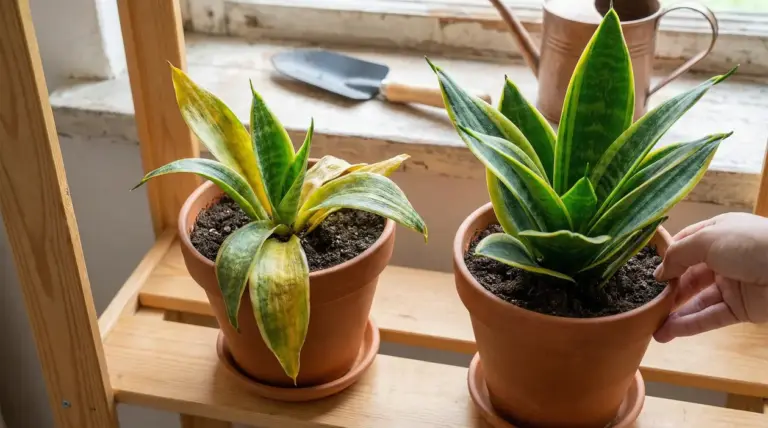 Due piante di sansevieria in vaso, una con foglie ingiallite e l'altra in salute
