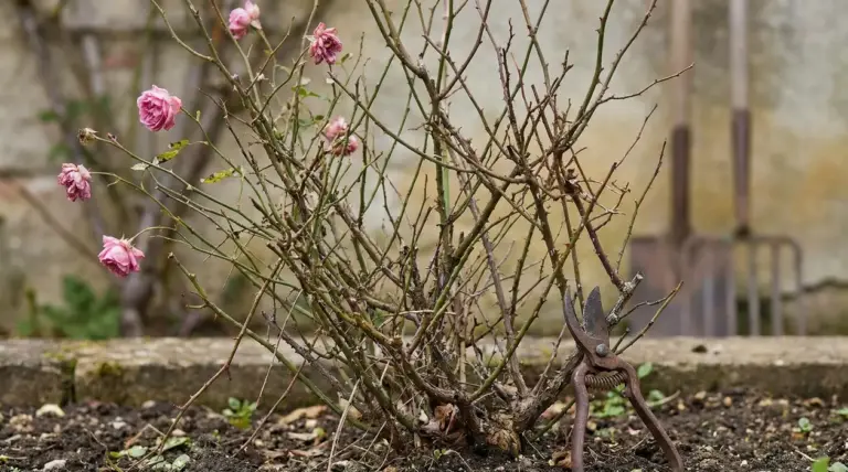 Rosa appassita e cespuglio con cesoie da potatura in un giardino