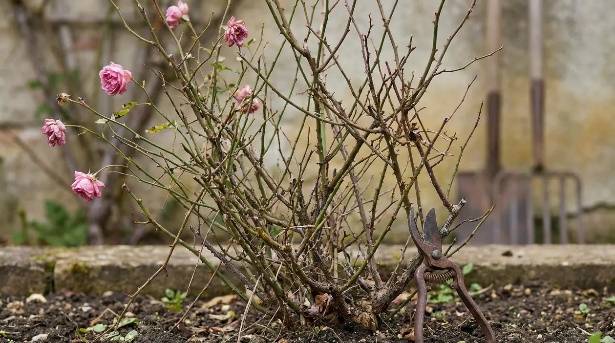 Rosa appassita e cespuglio con cesoie da potatura in un giardino