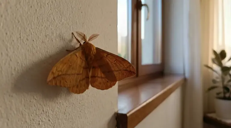 Una falena marrone posata su un muro interno vicino a una finestra