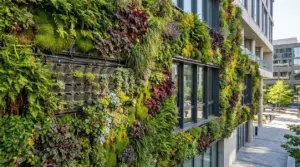 Facciata di un edificio con un rigoglioso giardino verticale composto da piante verdi e fiorite