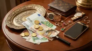 Oggetti di lusso su un tavolo: orologi, gioielli, smartphone e denaro in contanti