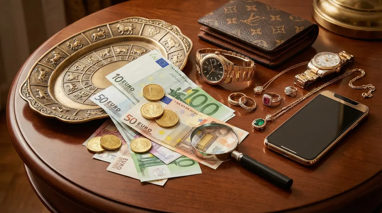 Oggetti di lusso su un tavolo: orologi, gioielli, smartphone e denaro in contanti