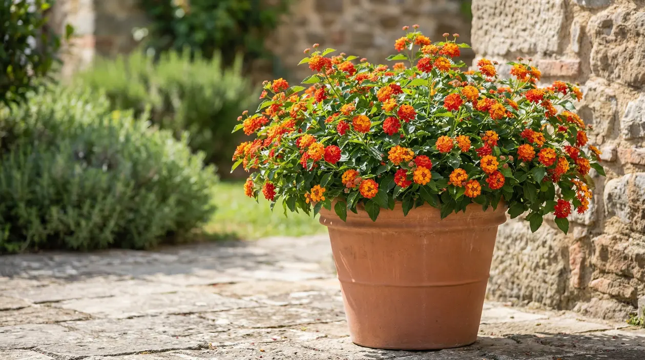 Vaso di terracotta con pianta fiorita dai colori arancio e rosso in un cortile soleggiato