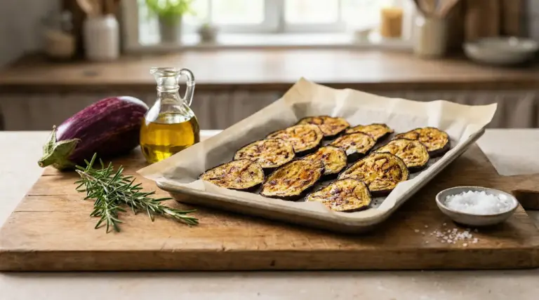 Fette di melanzane al forno su teglia con olio, rosmarino e sale su un tagliere di legno