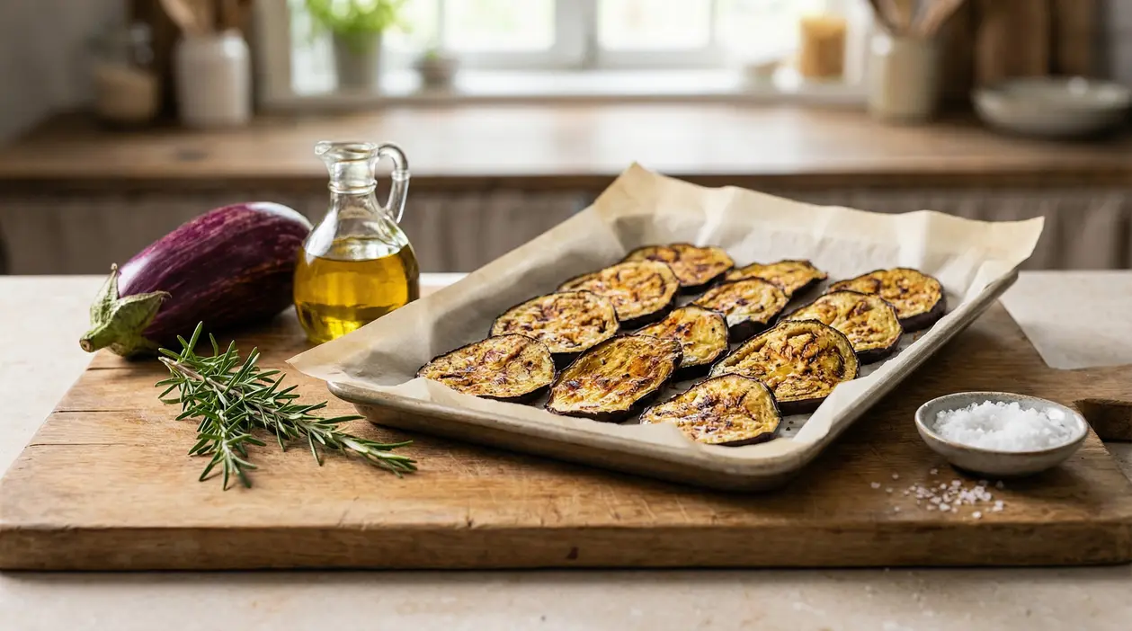 Fette di melanzane al forno su teglia con olio, rosmarino e sale su un tagliere di legno