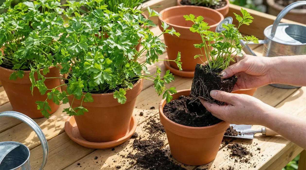 Mani che trapiantano una piantina di prezzemolo in un vaso di terracotta
