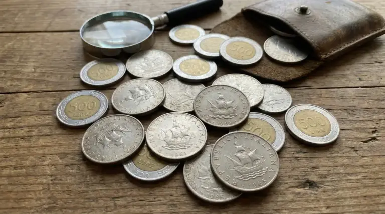 Monete da 500 lire italiane sparse su un tavolo in legno con lente d'ingrandimento e portamonete