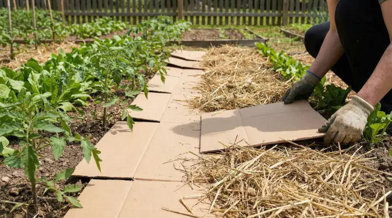 Persona che applica cartone e paglia tra le file dell’orto per pacciamatura