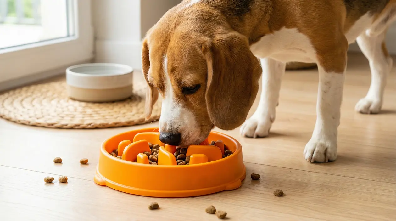 Cane che mangia da una ciotola arancione anti-ingozzamento su un pavimento di legno