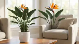 Pianta di strelitzia in vaso su un tavolino in salotto luminoso