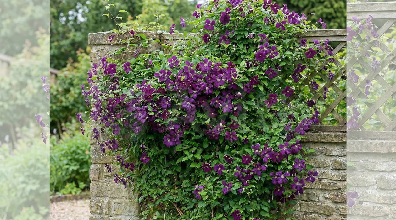 Pianta rampicante con fiori viola che cresce su un muretto da giardino