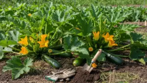 Piante di zucchine in piena crescita con fiori gialli e frutti maturi in un orto