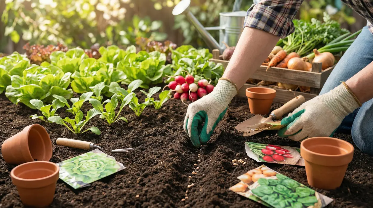 Una persona pianta semi nell'orto accanto a verdure fresche e attrezzi da giardinaggio