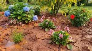 Fiori colorati che crescono su terreno argilloso e compatto in un giardino.
