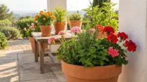 Vasi di fiori e piante aromatiche su una terrazza soleggiata