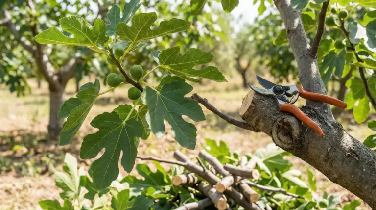 Ramo di fico potato con cesoie e fichi verdi in un frutteto