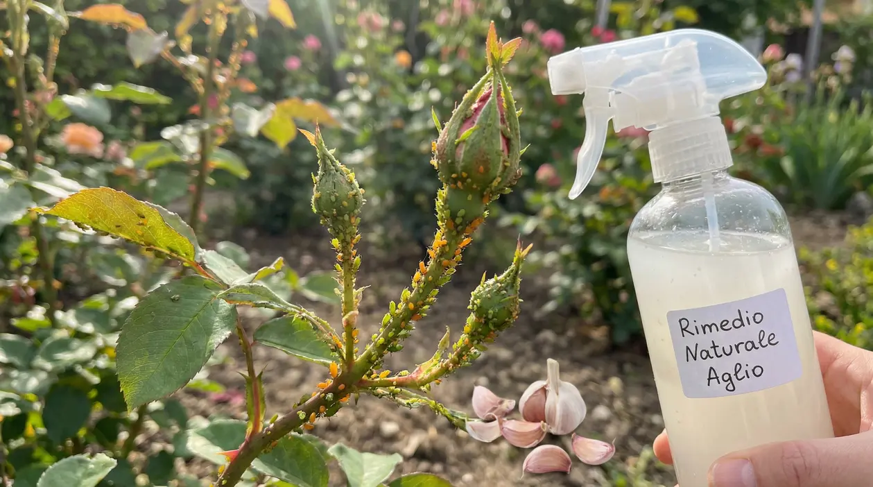 Ramo di rosa infestato da pidocchi con spray naturale all'aglio in un giardino
