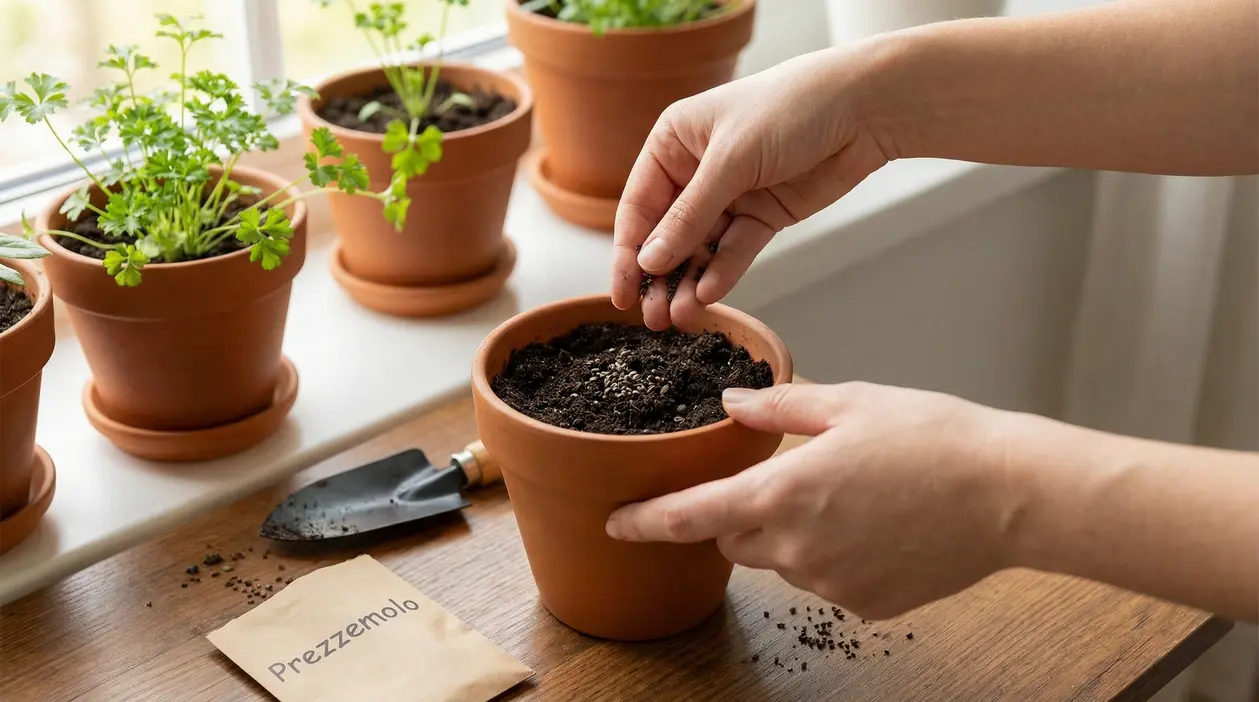 Mani che seminano prezzemolo in un vaso di terracotta vicino a una finestra