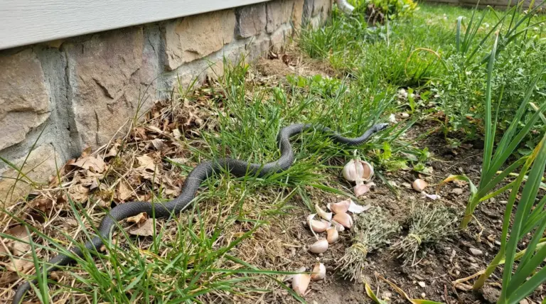 Serpente nero tra l'erba vicino a un muro esterno e a spicchi d'aglio