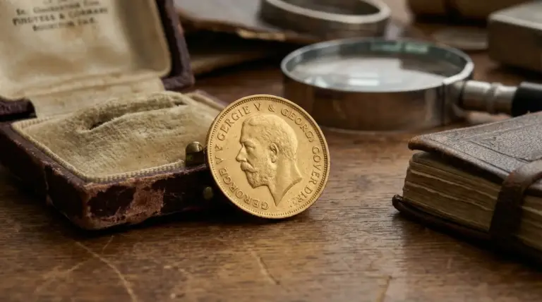 Vecchia sterlina d'oro appoggiata su un cofanetto antico con lente d'ingrandimento sullo sfondo