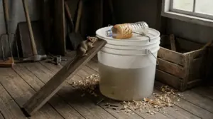 Topolino su una rampa di legno vicino a una trappola fatta con secchio e bottiglia di plastica