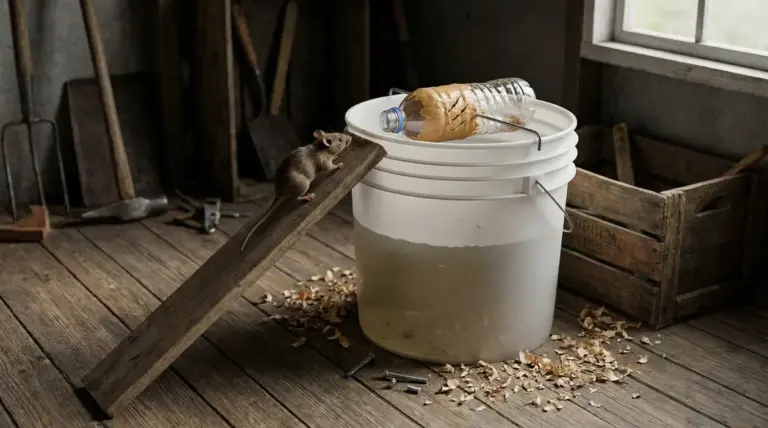 Topolino su una rampa di legno vicino a una trappola fatta con secchio e bottiglia di plastica