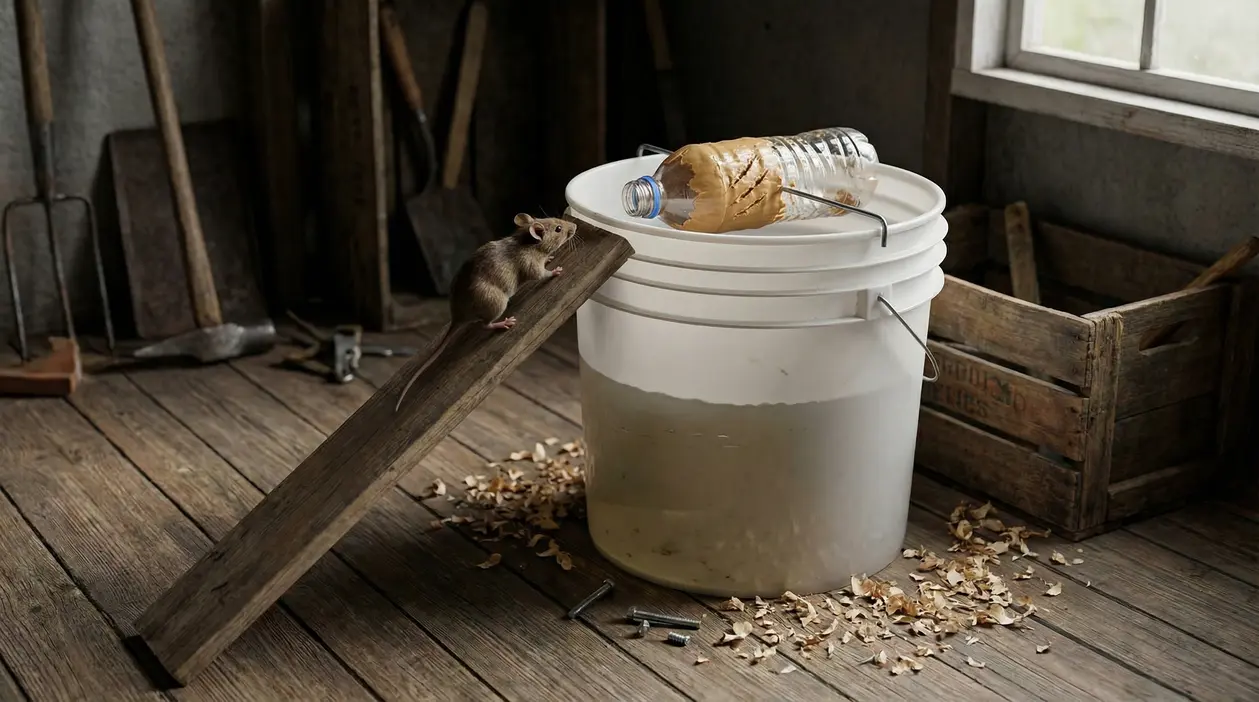 Topolino su una rampa di legno vicino a una trappola fatta con secchio e bottiglia di plastica