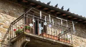 Balcone con vasi di fiori e dischi CD appesi per allontanare i piccioni