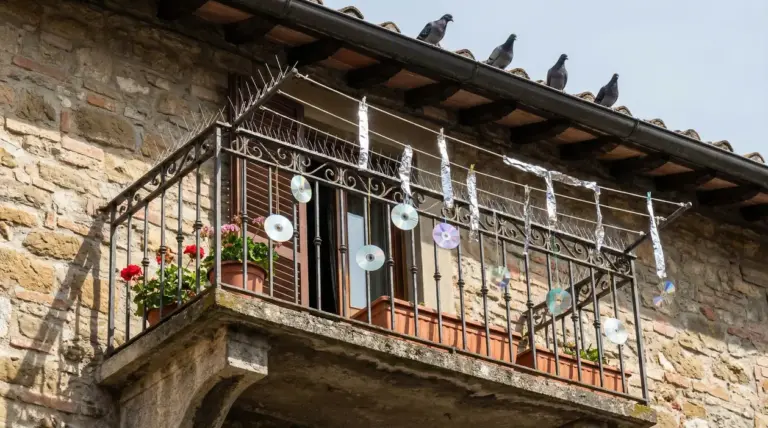 Balcone con vasi di fiori e dischi CD appesi per allontanare i piccioni
